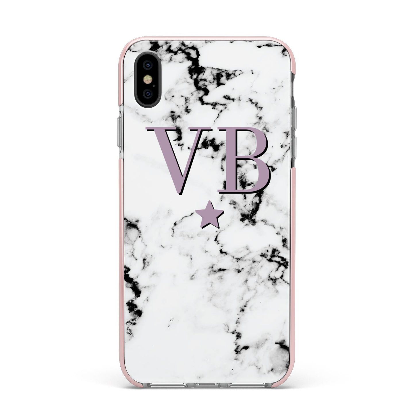 Personalised Star With Monogram Marble Apple iPhone Xs Max Impact Case Pink Edge on Black Phone