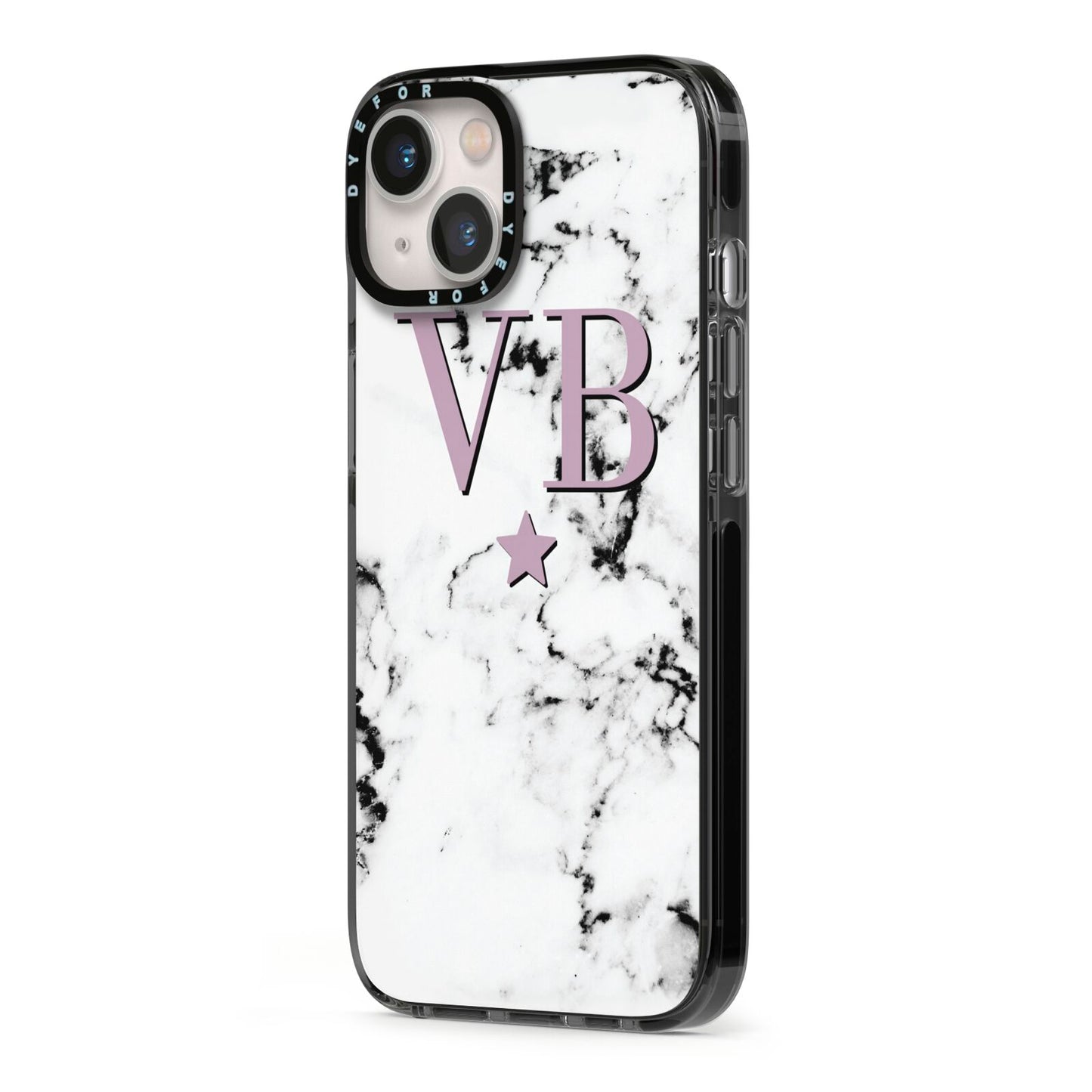 Personalised Star With Monogram Marble iPhone 13 Black Impact Case Side Angle on Silver phone