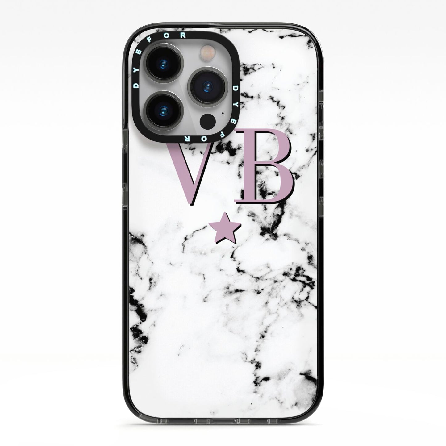 Personalised Star With Monogram Marble iPhone 13 Pro Black Impact Case on Silver phone