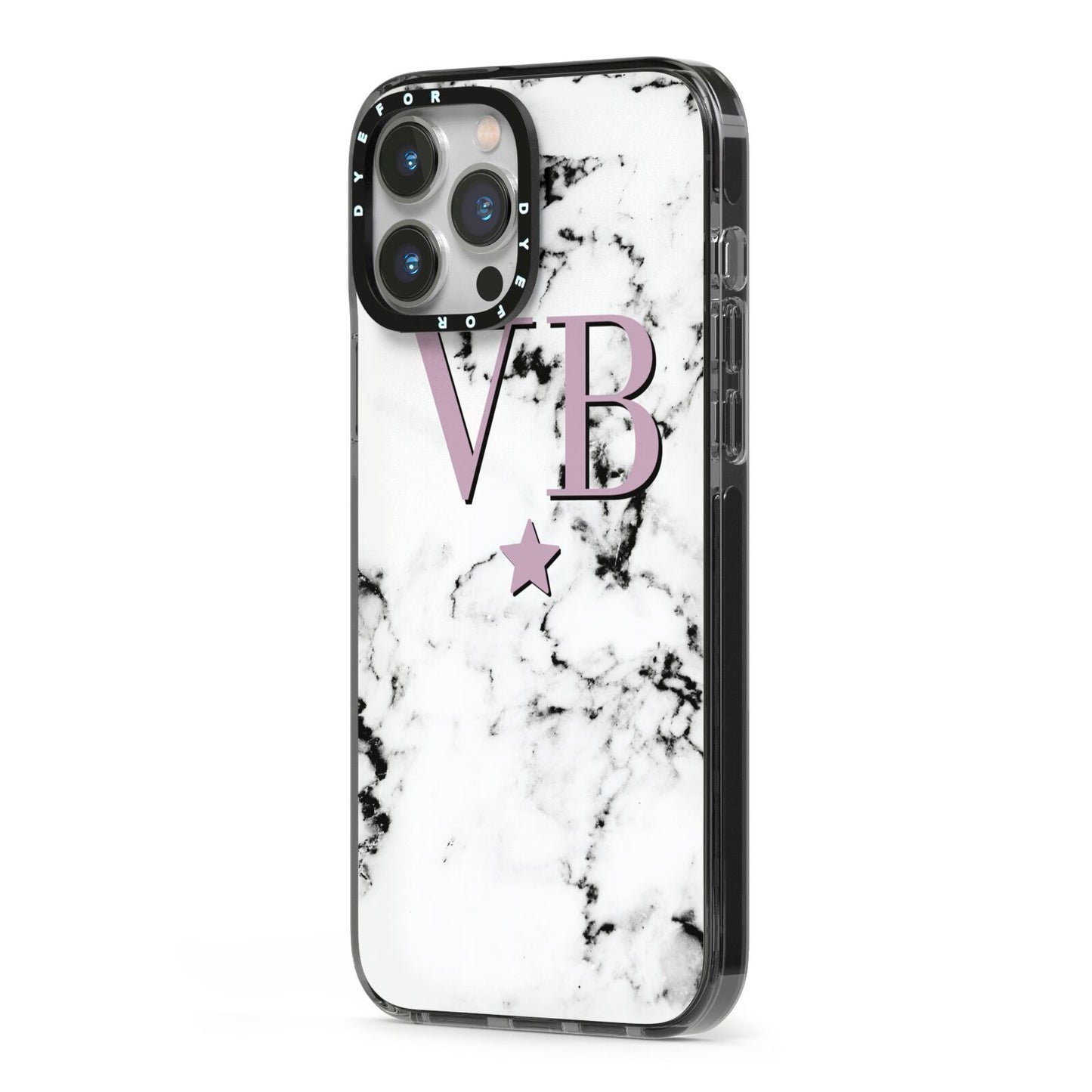 Personalised Star With Monogram Marble iPhone 13 Pro Max Black Impact Case Side Angle on Silver phone