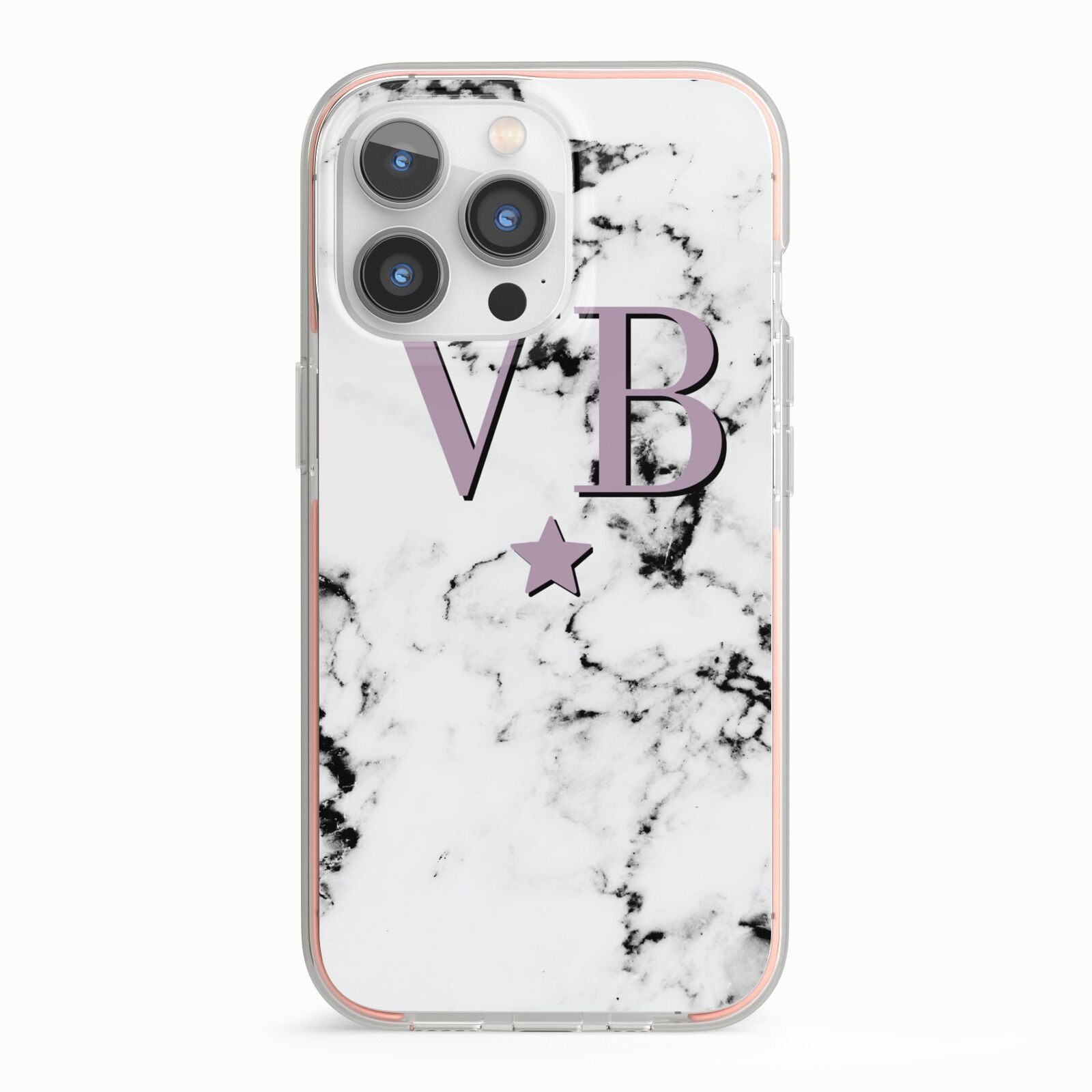 Personalised Star With Monogram Marble iPhone 13 Pro TPU Impact Case with Pink Edges
