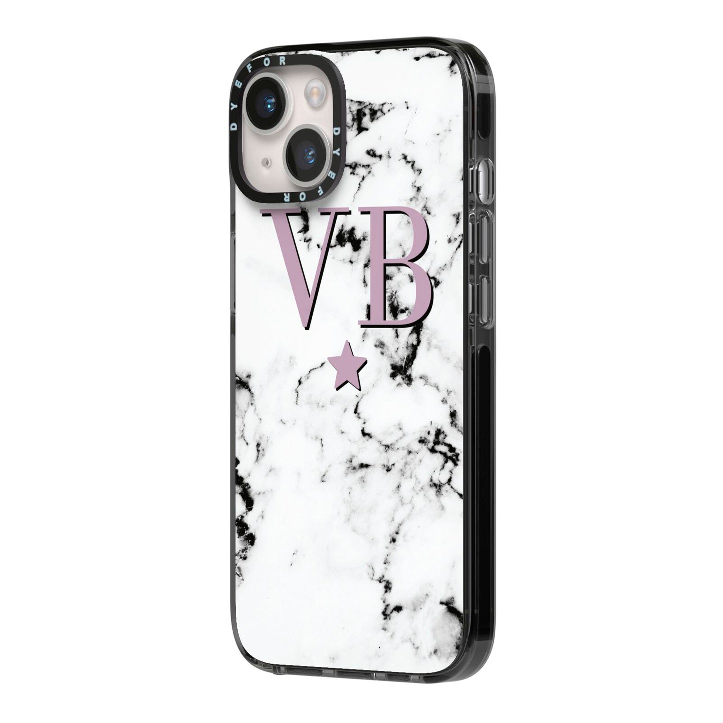 Personalised Star With Monogram Marble iPhone 14 Black Impact Case Side Angle on Silver phone