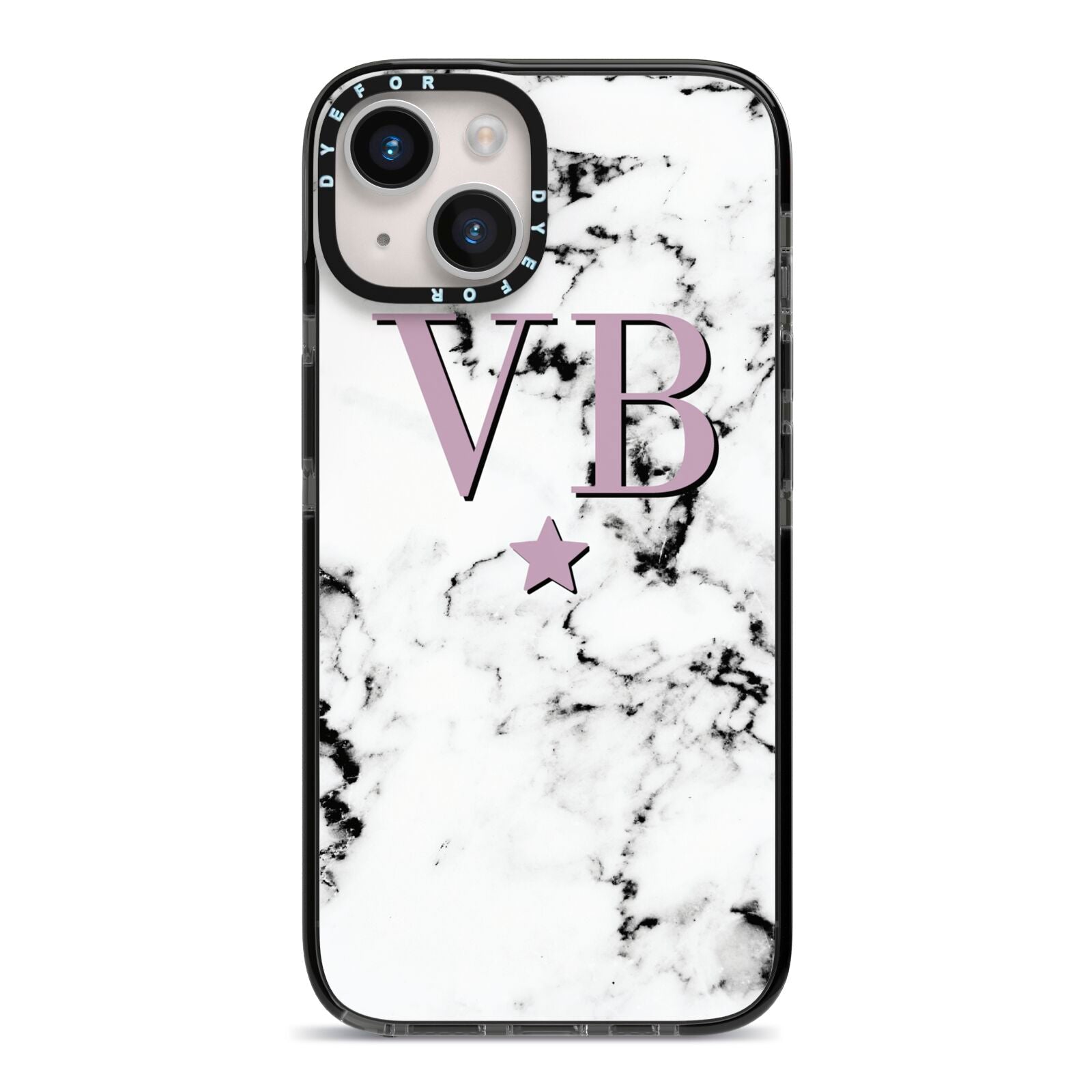 Personalised Star With Monogram Marble iPhone 14 Black Impact Case on Silver phone