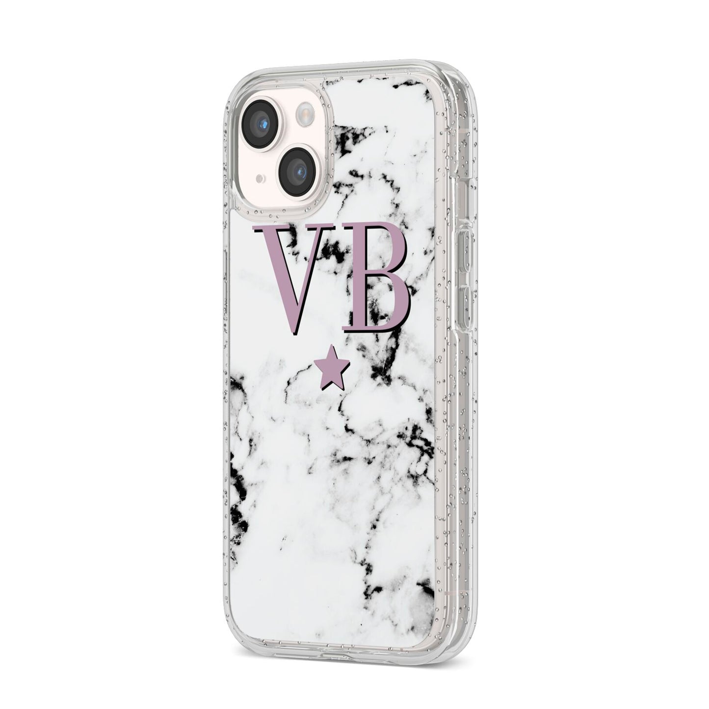 Personalised Star With Monogram Marble iPhone 14 Glitter Tough Case Starlight Angled Image