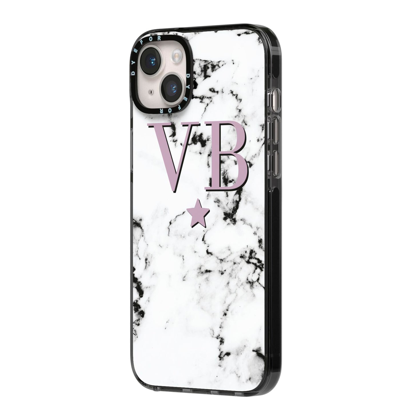 Personalised Star With Monogram Marble iPhone 14 Plus Black Impact Case Side Angle on Silver phone