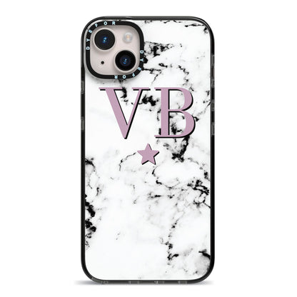 Personalised Star With Monogram Marble iPhone 14 Plus Black Impact Case on Silver phone