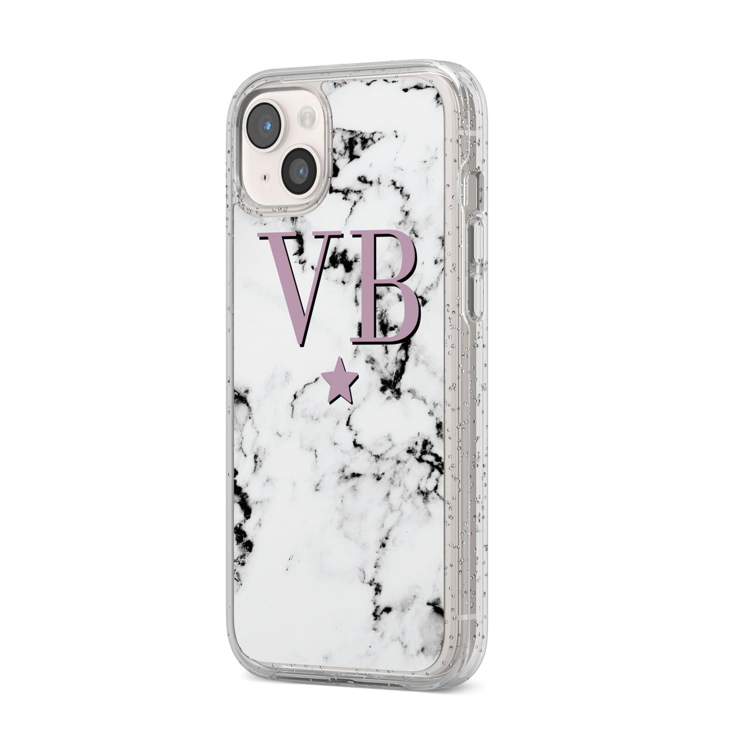 Personalised Star With Monogram Marble iPhone 14 Plus Glitter Tough Case Starlight Angled Image