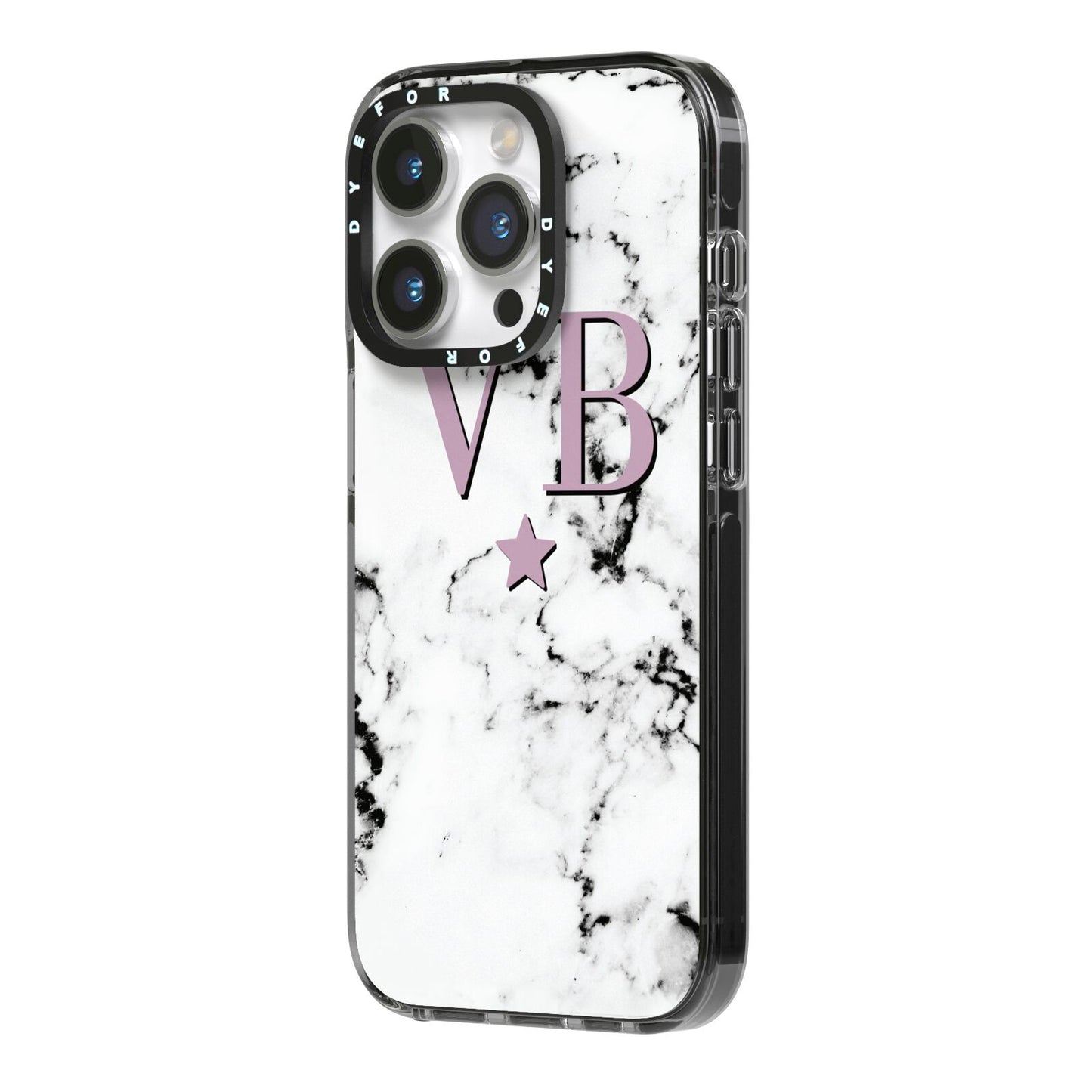 Personalised Star With Monogram Marble iPhone 14 Pro Black Impact Case Side Angle on Silver phone