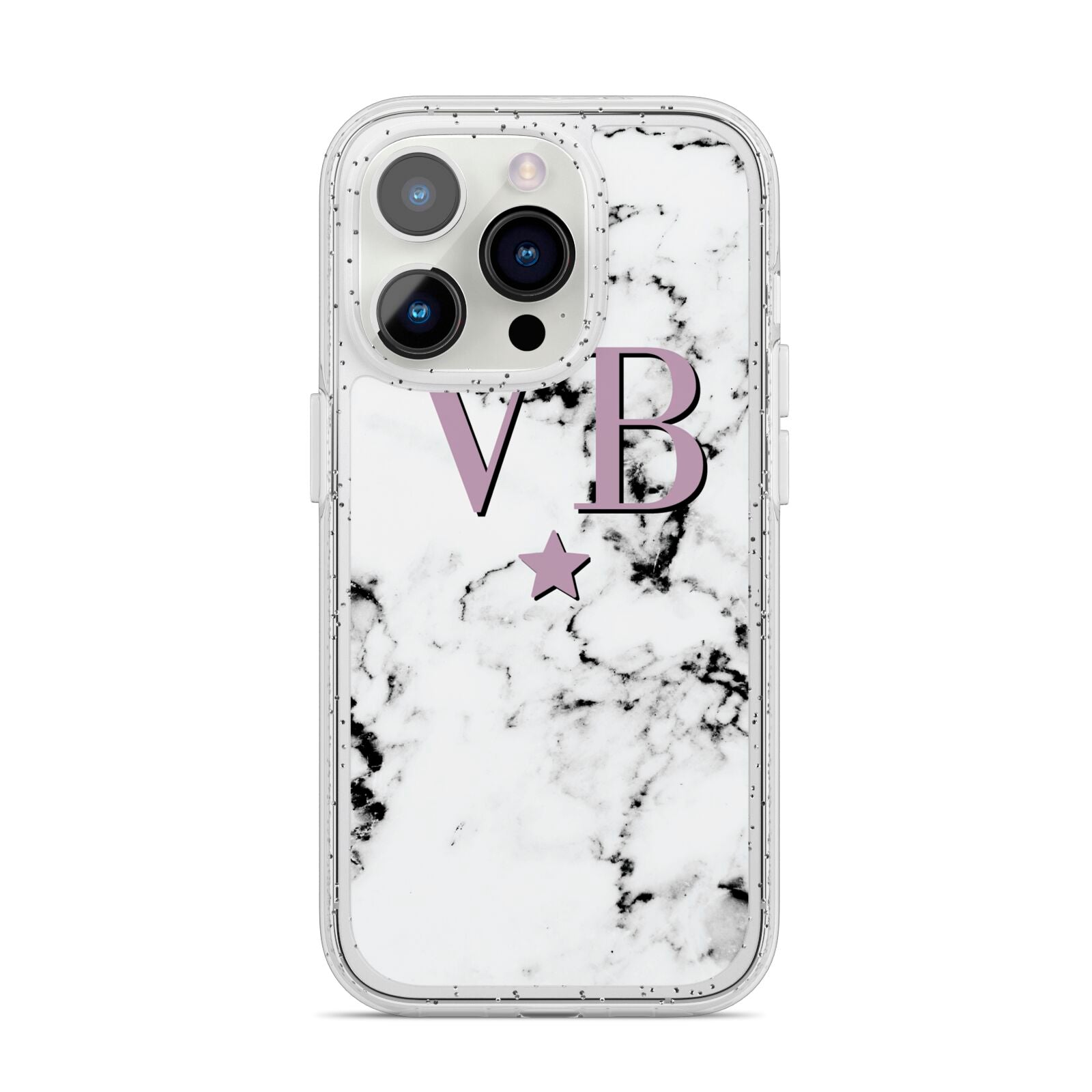Personalised Star With Monogram Marble iPhone 14 Pro Glitter Tough Case Silver