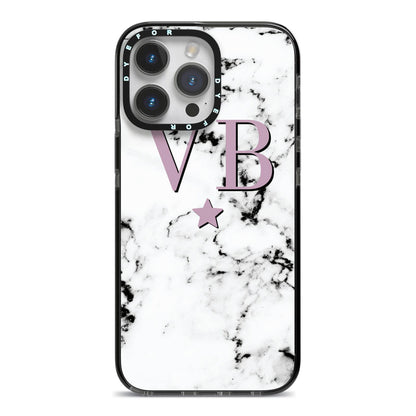Personalised Star With Monogram Marble iPhone 14 Pro Max Black Impact Case on Silver phone