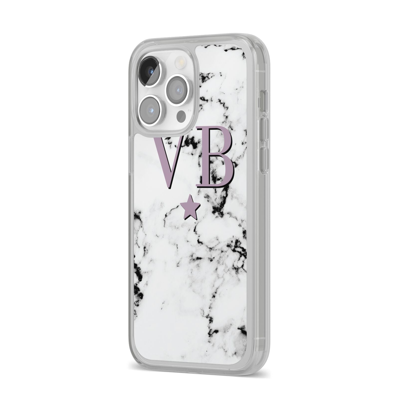 Personalised Star With Monogram Marble iPhone 14 Pro Max Clear Tough Case Silver Angled Image