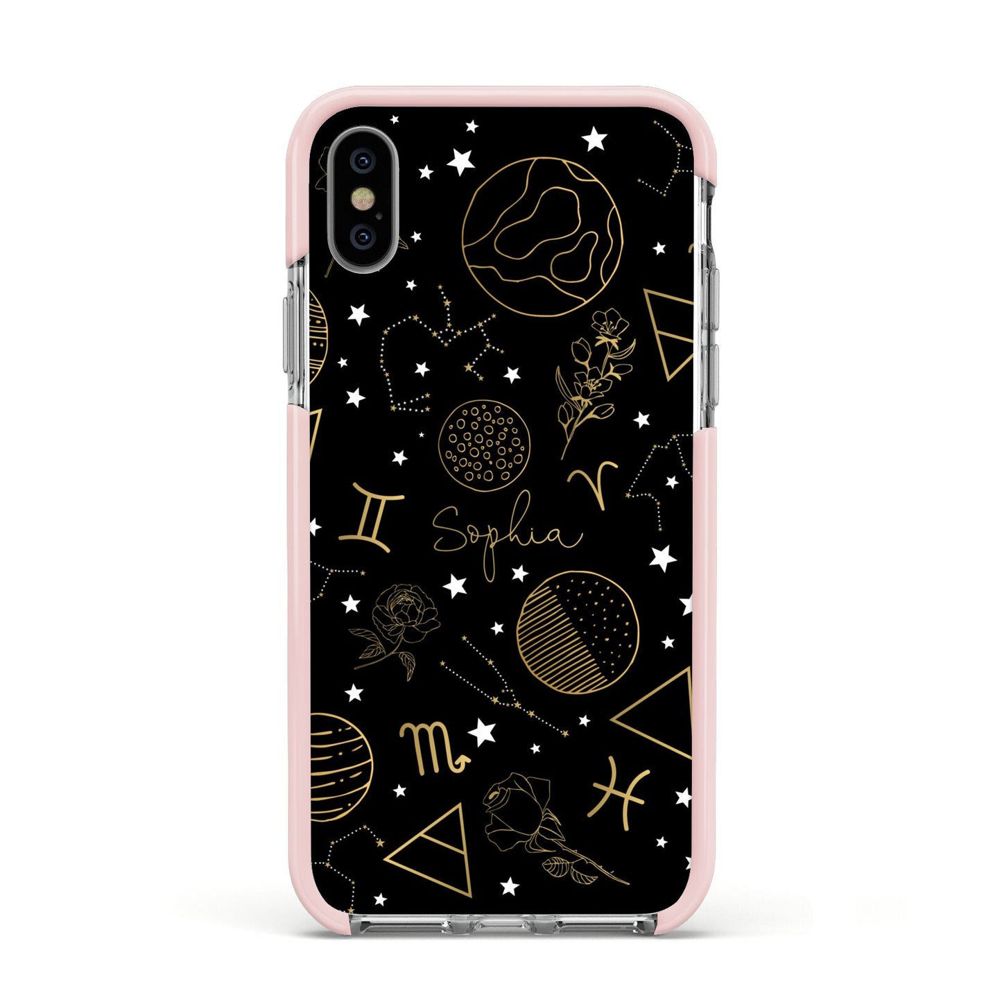 Personalised Stargazer Apple iPhone Xs Impact Case Pink Edge on Silver Phone