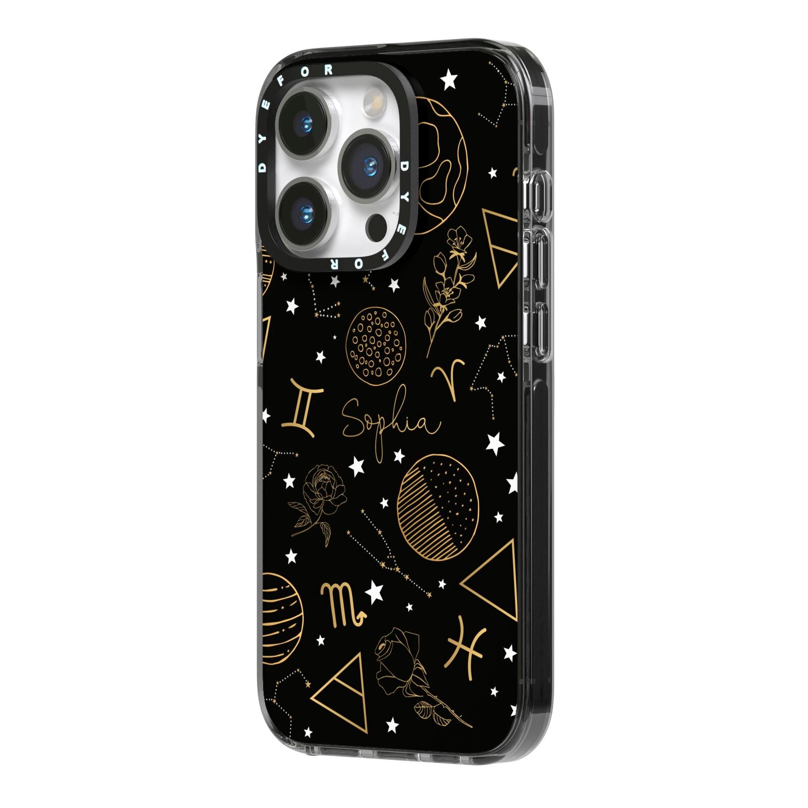 Personalised Stargazer iPhone 14 Pro Black Impact Case Side Angle on Silver phone