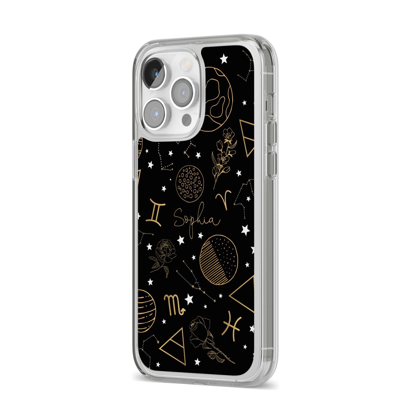 Personalised Stargazer iPhone 14 Pro Max Clear Tough Case Silver Angled Image