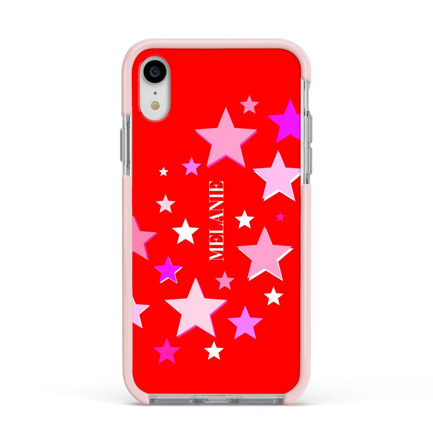 Personalised Stars Apple iPhone XR Impact Case Pink Edge on Silver Phone