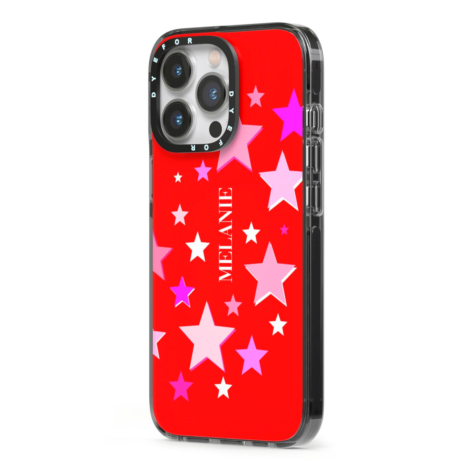 Personalised Stars iPhone 13 Pro Black Impact Case Side Angle on Silver phone