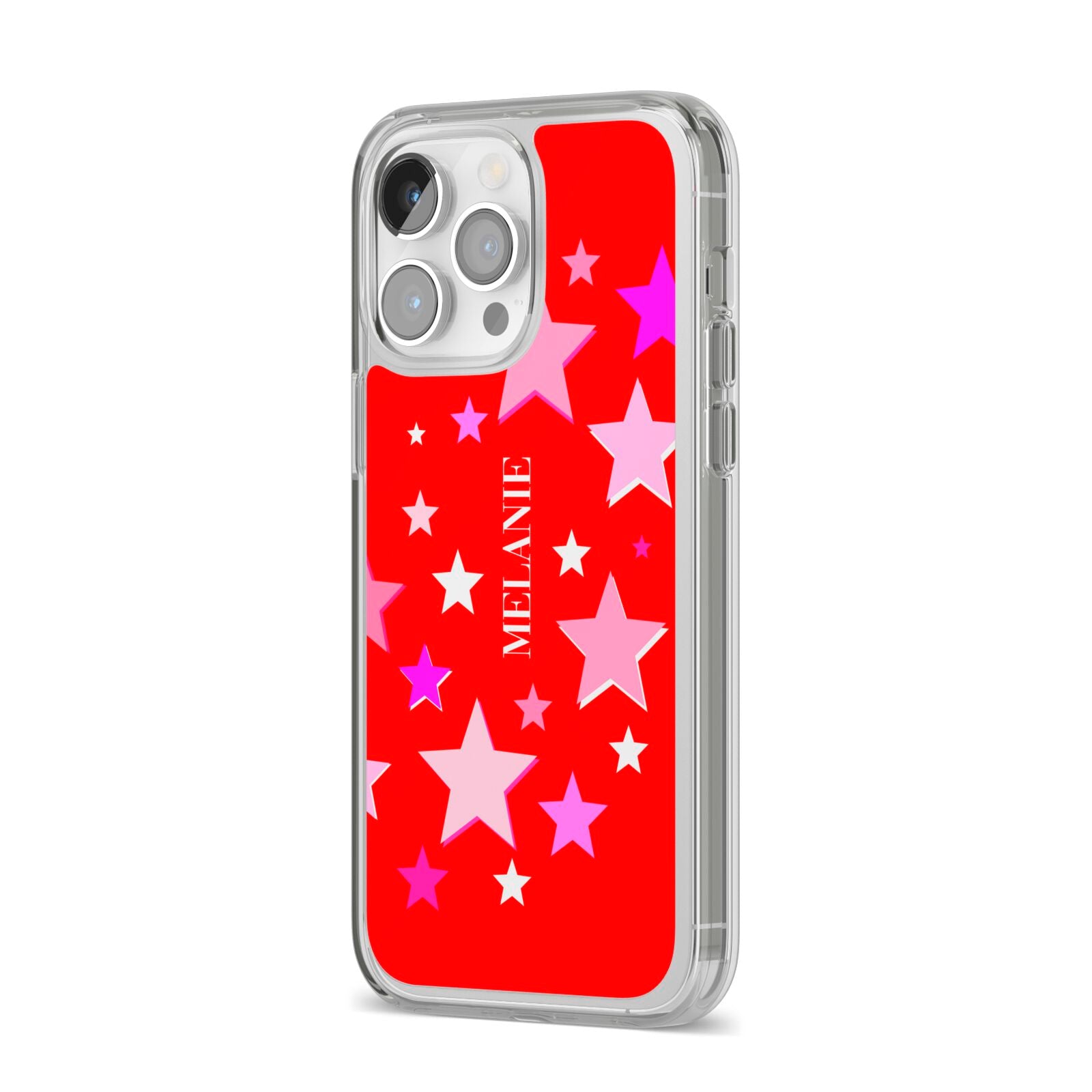 Personalised Stars iPhone 14 Pro Max Clear Tough Case Silver Angled Image