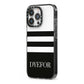 Personalised Striped Name iPhone 13 Pro Black Impact Case Side Angle on Silver phone