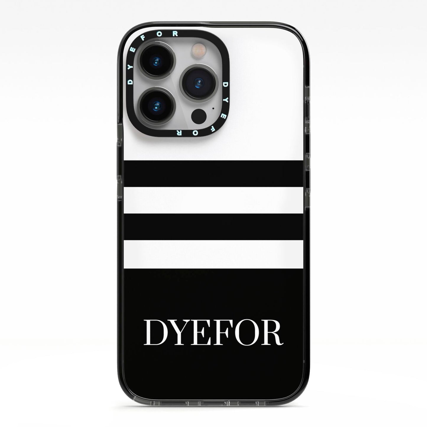 Personalised Striped Name iPhone 13 Pro Black Impact Case on Silver phone