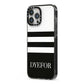 Personalised Striped Name iPhone 13 Pro Max Black Impact Case Side Angle on Silver phone