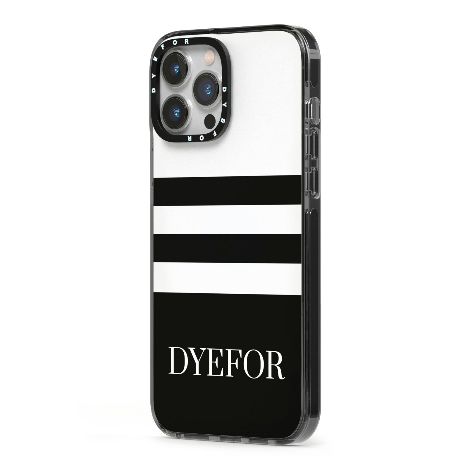 Personalised Striped Name iPhone 13 Pro Max Black Impact Case Side Angle on Silver phone