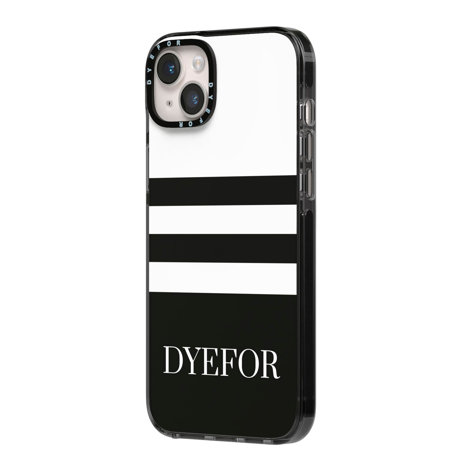 Personalised Striped Name iPhone 14 Plus Black Impact Case Side Angle on Silver phone