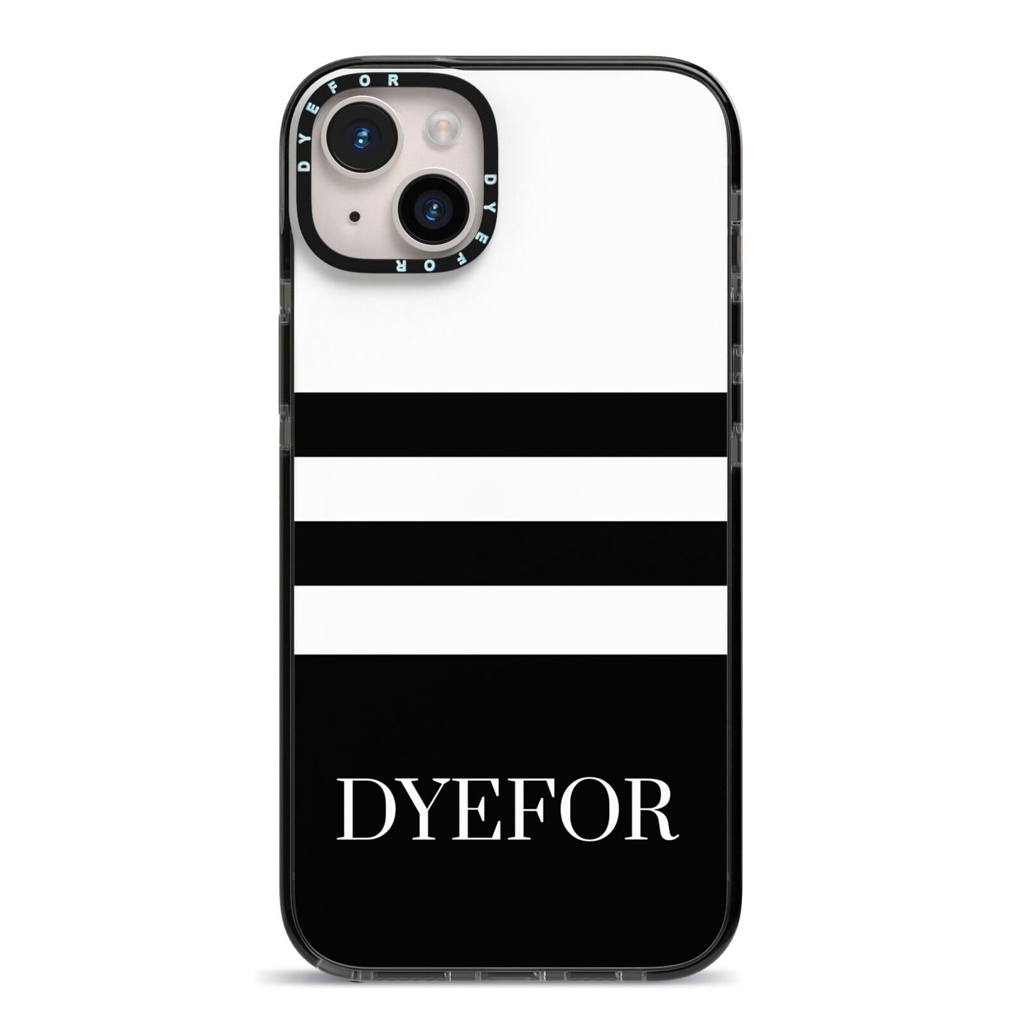 Personalised Striped Name iPhone 14 Plus Black Impact Case on Silver phone