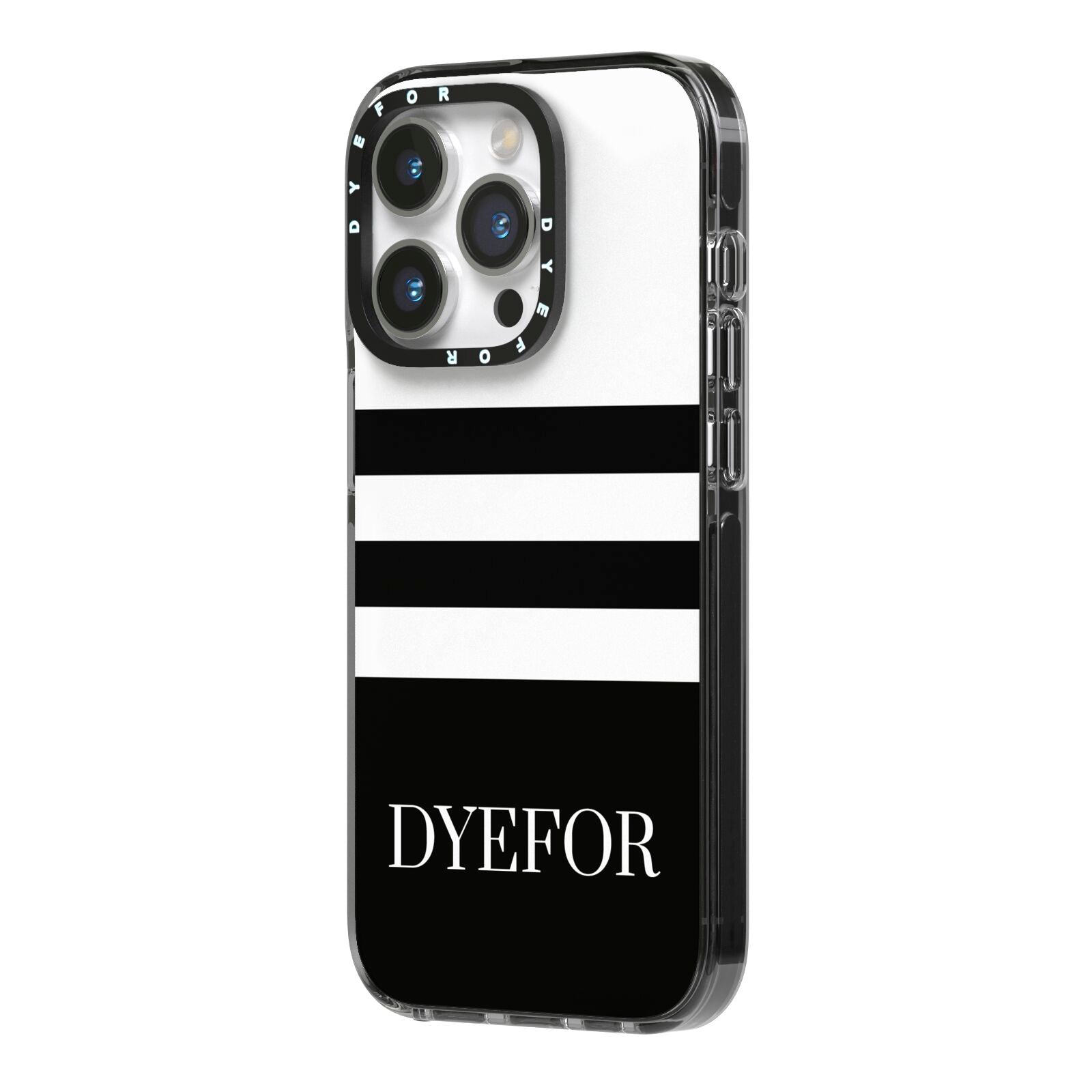 Personalised Striped Name iPhone 14 Pro Black Impact Case Side Angle on Silver phone