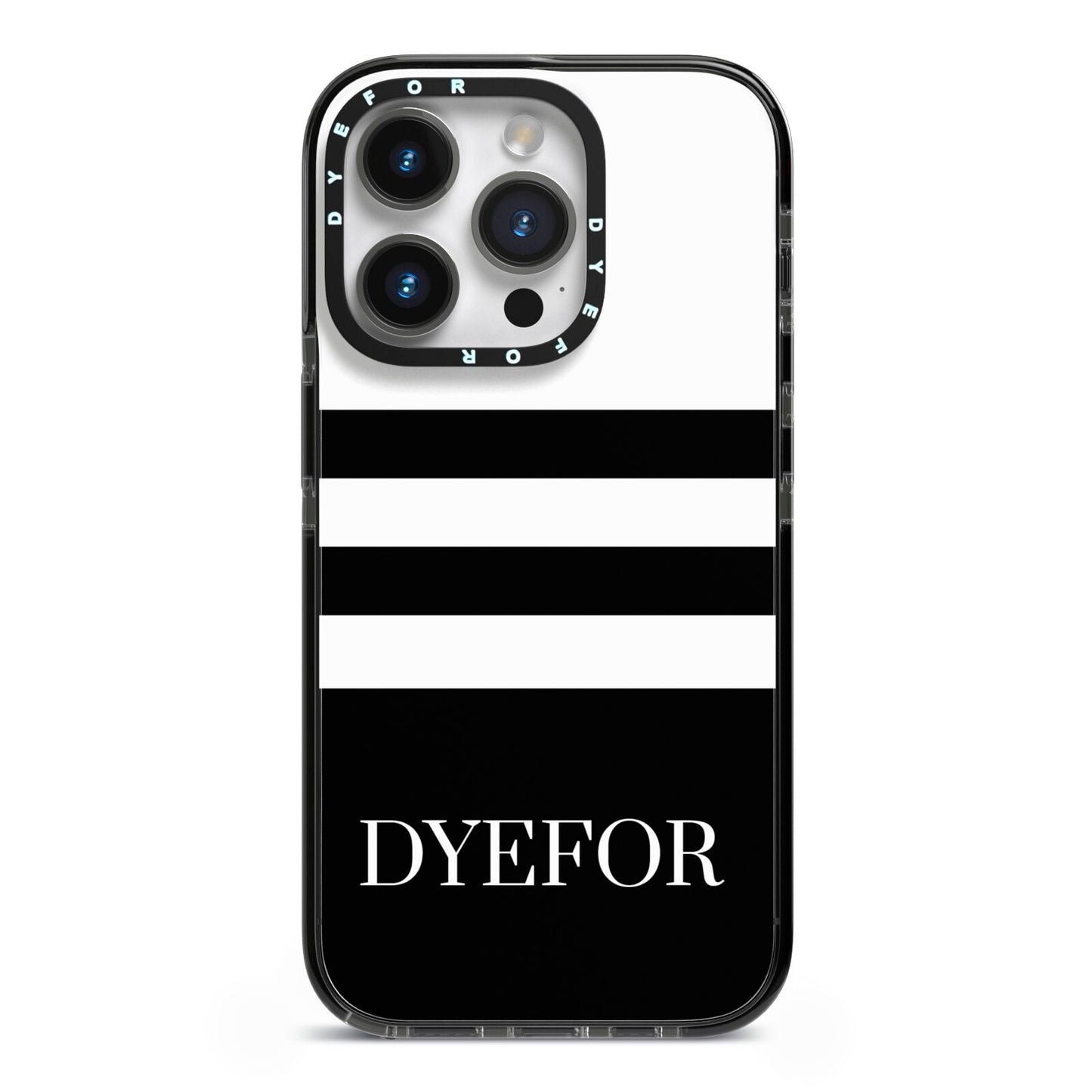 Personalised Striped Name iPhone 14 Pro Black Impact Case on Silver phone