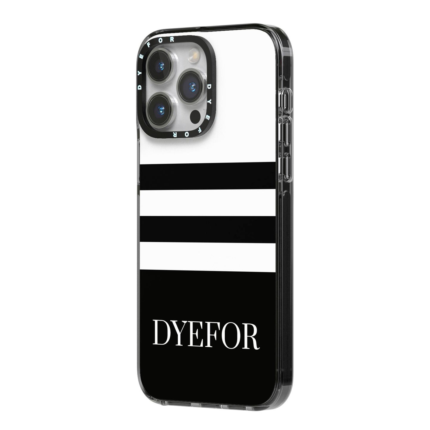 Personalised Striped Name iPhone 14 Pro Max Black Impact Case Side Angle on Silver phone