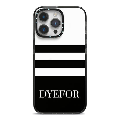 Personalised Striped Name iPhone 14 Pro Max Black Impact Case on Silver phone