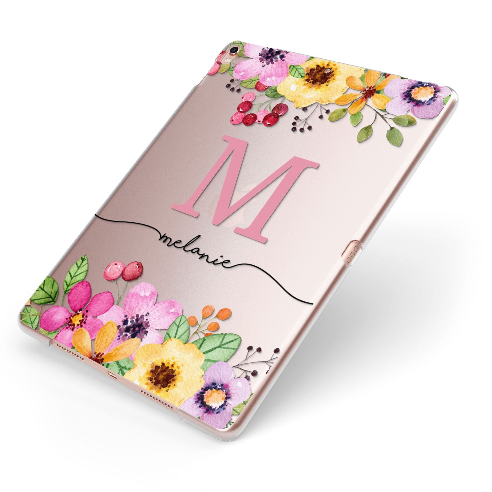 Personalised Summer Flowers Apple iPad Case on Rose Gold iPad Side View