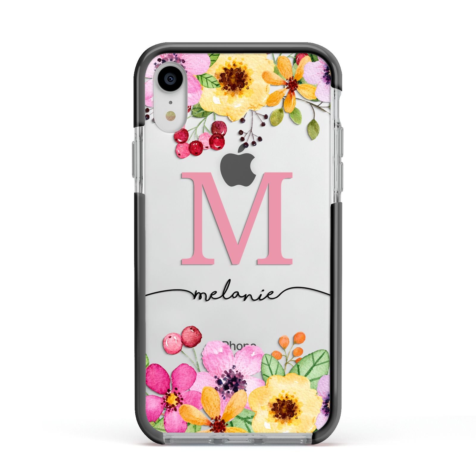 Personalised Summer Flowers Apple iPhone XR Impact Case Black Edge on Silver Phone