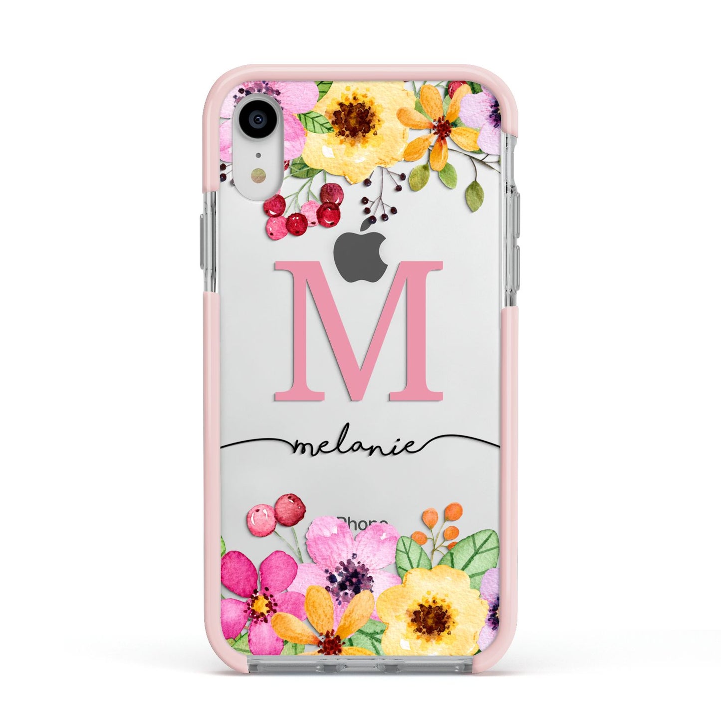 Personalised Summer Flowers Apple iPhone XR Impact Case Pink Edge on Silver Phone