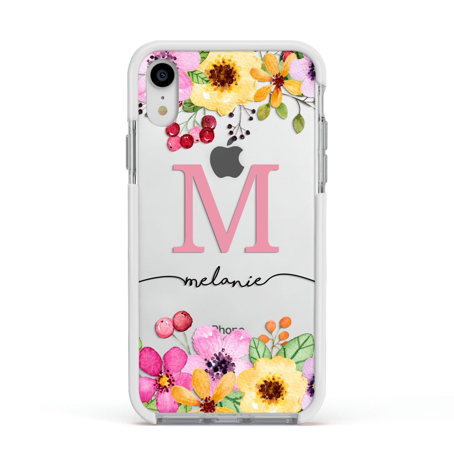 Personalised Summer Flowers Apple iPhone XR Impact Case White Edge on Silver Phone