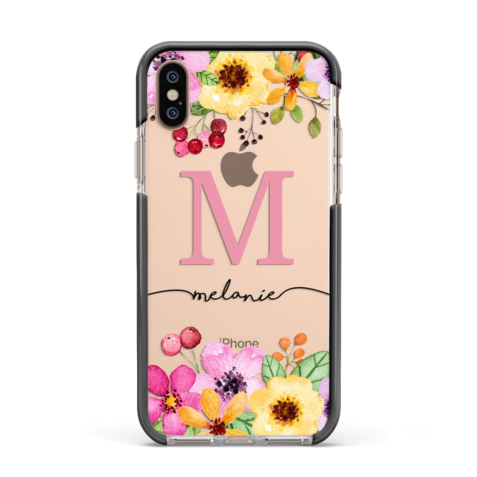 Personalised Summer Flowers Apple iPhone Xs Impact Case Black Edge on Gold Phone
