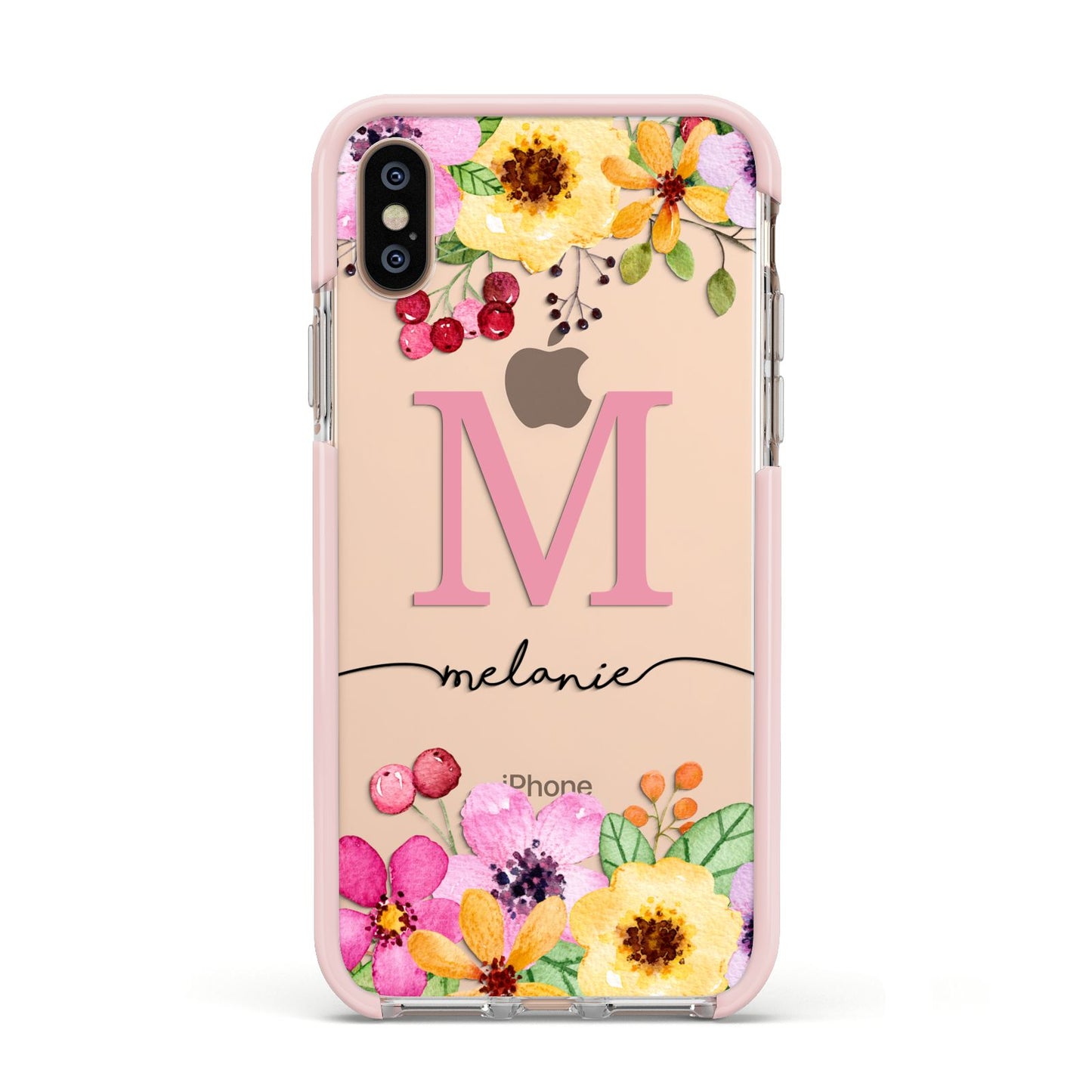 Personalised Summer Flowers Apple iPhone Xs Impact Case Pink Edge on Gold Phone