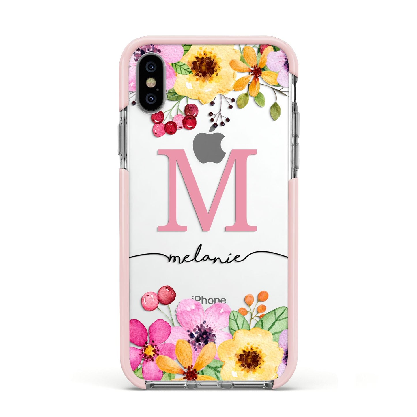 Personalised Summer Flowers Apple iPhone Xs Impact Case Pink Edge on Silver Phone