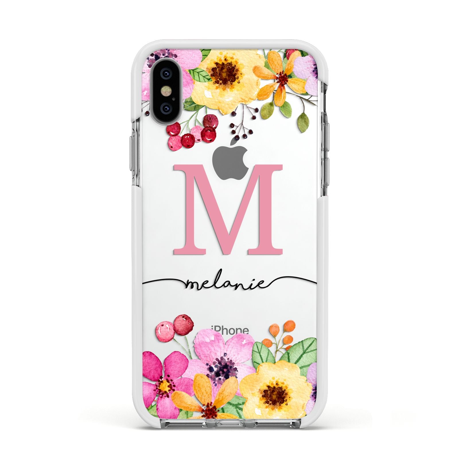 Personalised Summer Flowers Apple iPhone Xs Impact Case White Edge on Silver Phone