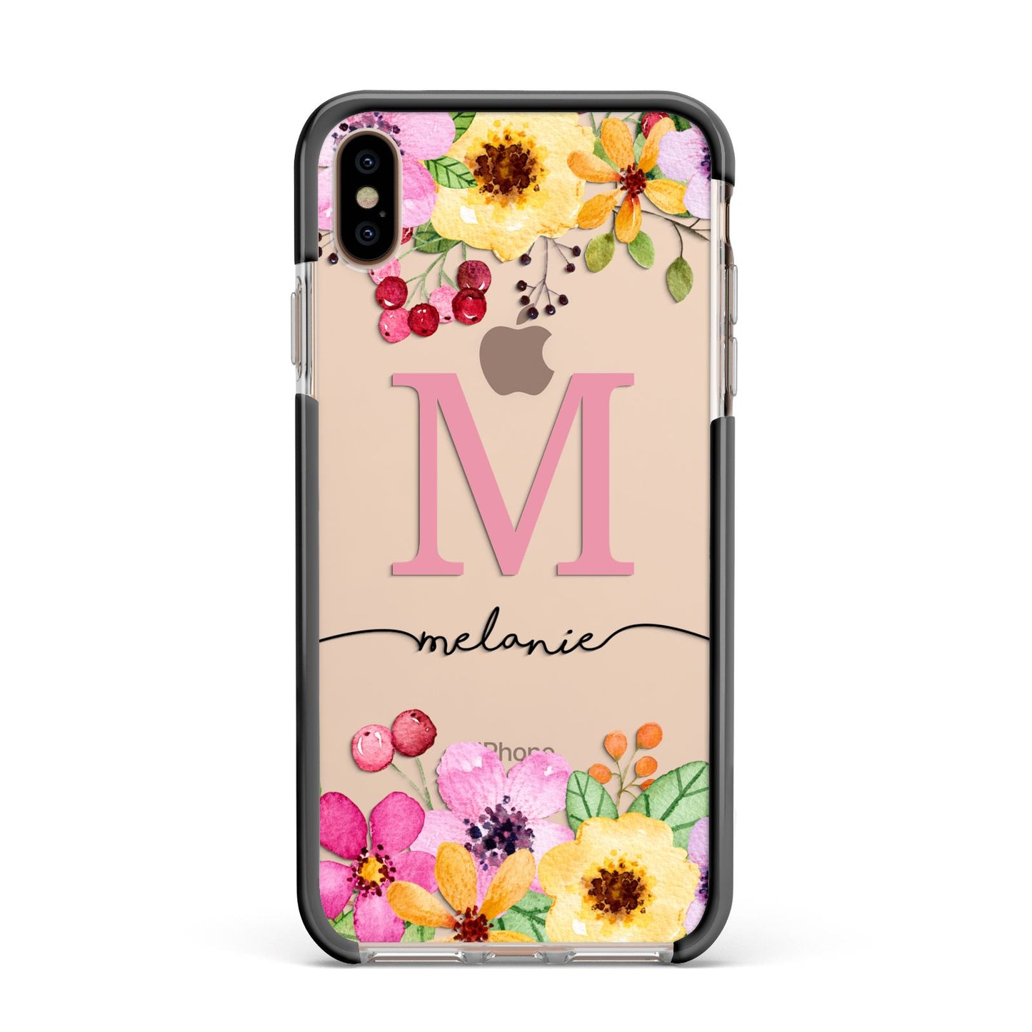 Personalised Summer Flowers Apple iPhone Xs Max Impact Case Black Edge on Gold Phone
