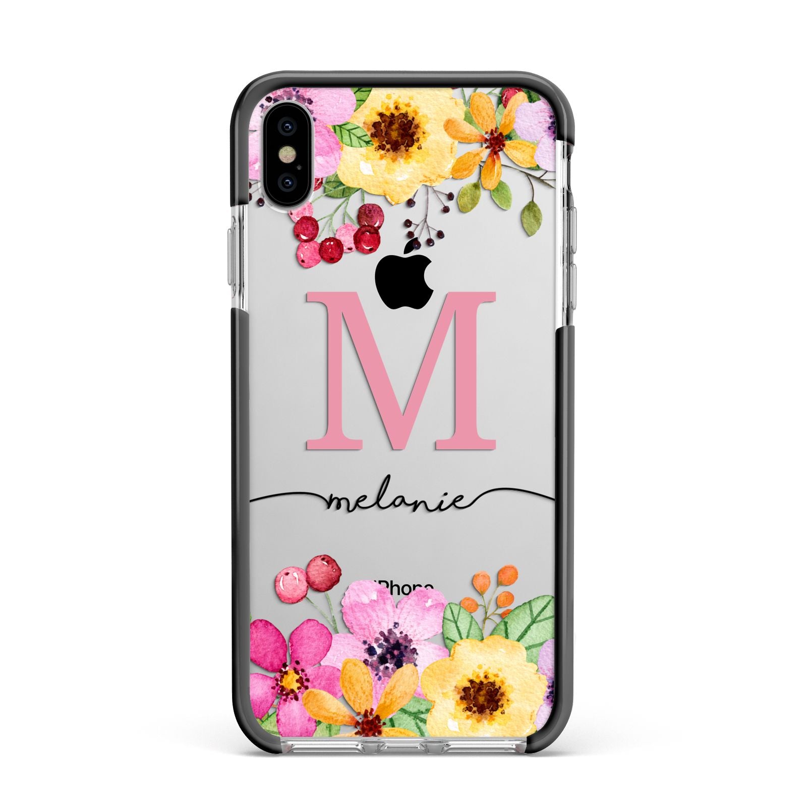 Personalised Summer Flowers Apple iPhone Xs Max Impact Case Black Edge on Silver Phone