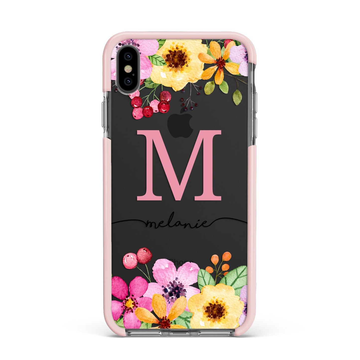 Personalised Summer Flowers Apple iPhone Xs Max Impact Case Pink Edge on Black Phone