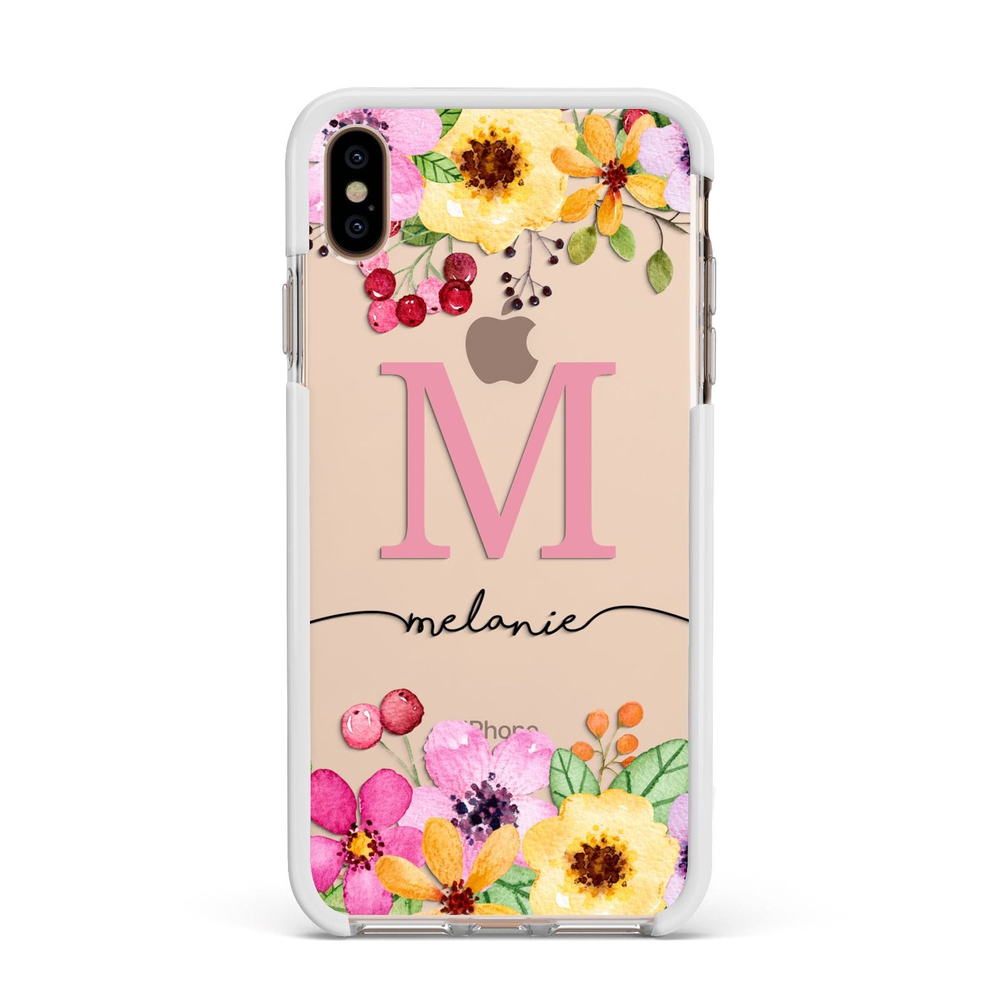 Personalised Summer Flowers Apple iPhone Xs Max Impact Case White Edge on Gold Phone