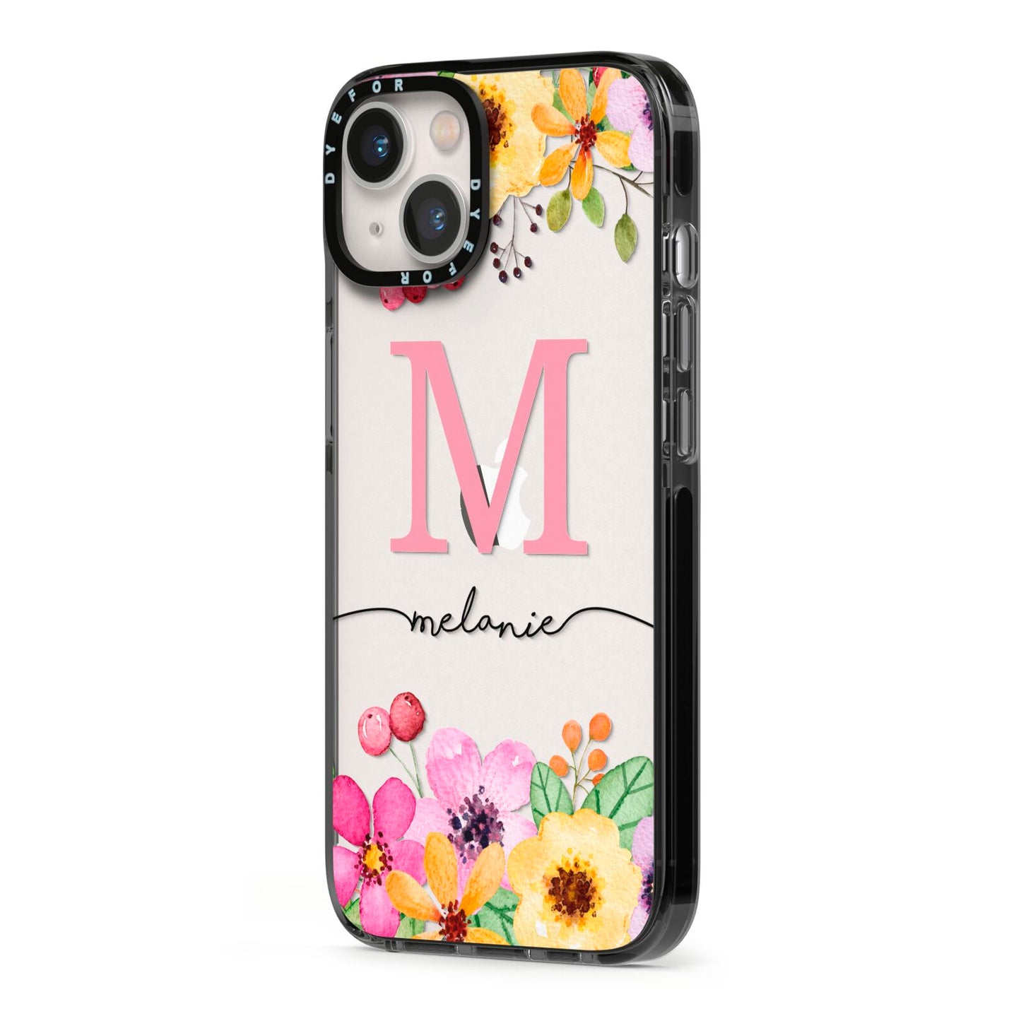 Personalised Summer Flowers iPhone 13 Black Impact Case Side Angle on Silver phone
