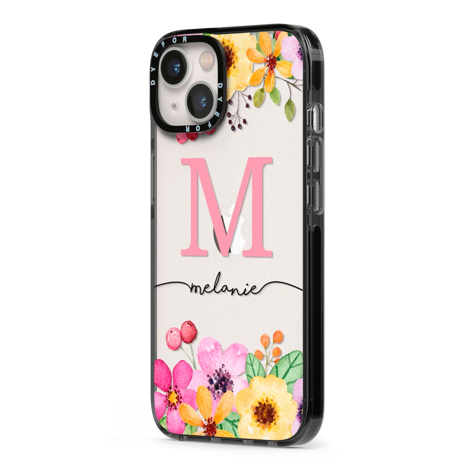 Personalised Summer Flowers iPhone 13 Black Impact Case Side Angle on Silver phone