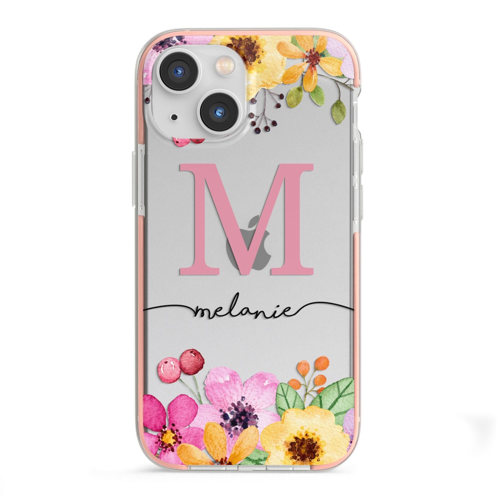 Personalised Summer Flowers iPhone 13 Mini TPU Impact Case with Pink Edges