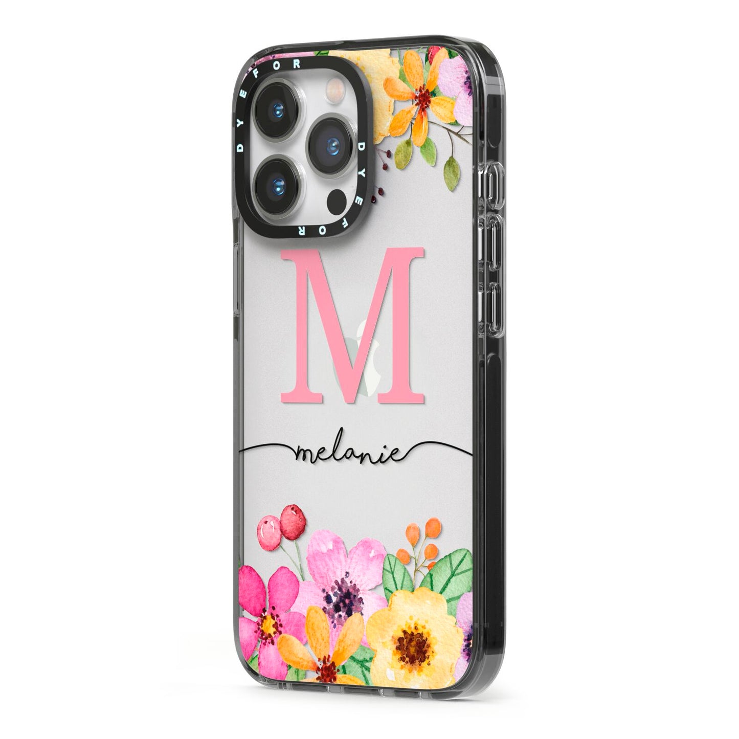 Personalised Summer Flowers iPhone 13 Pro Black Impact Case Side Angle on Silver phone