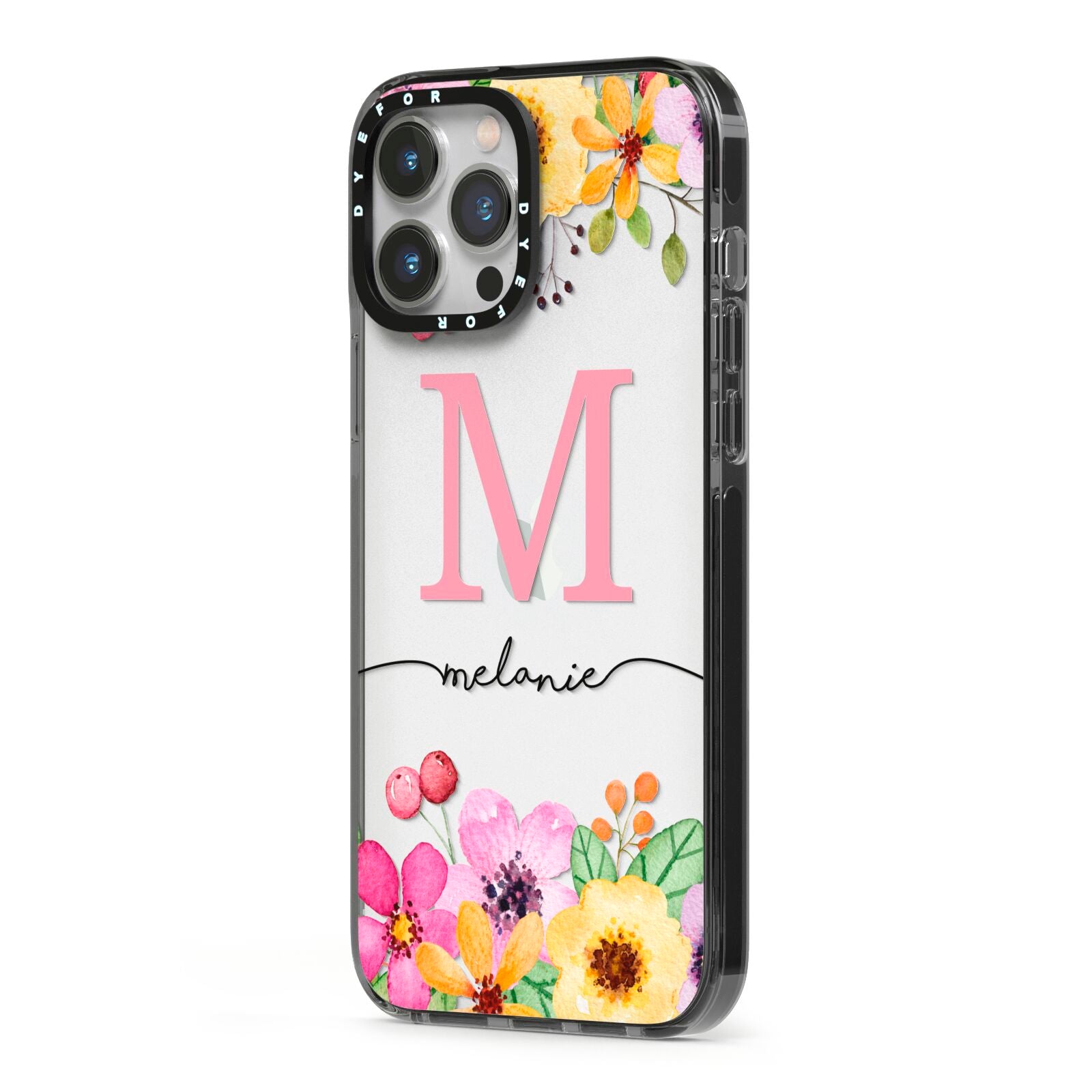 Personalised Summer Flowers iPhone 13 Pro Max Black Impact Case Side Angle on Silver phone