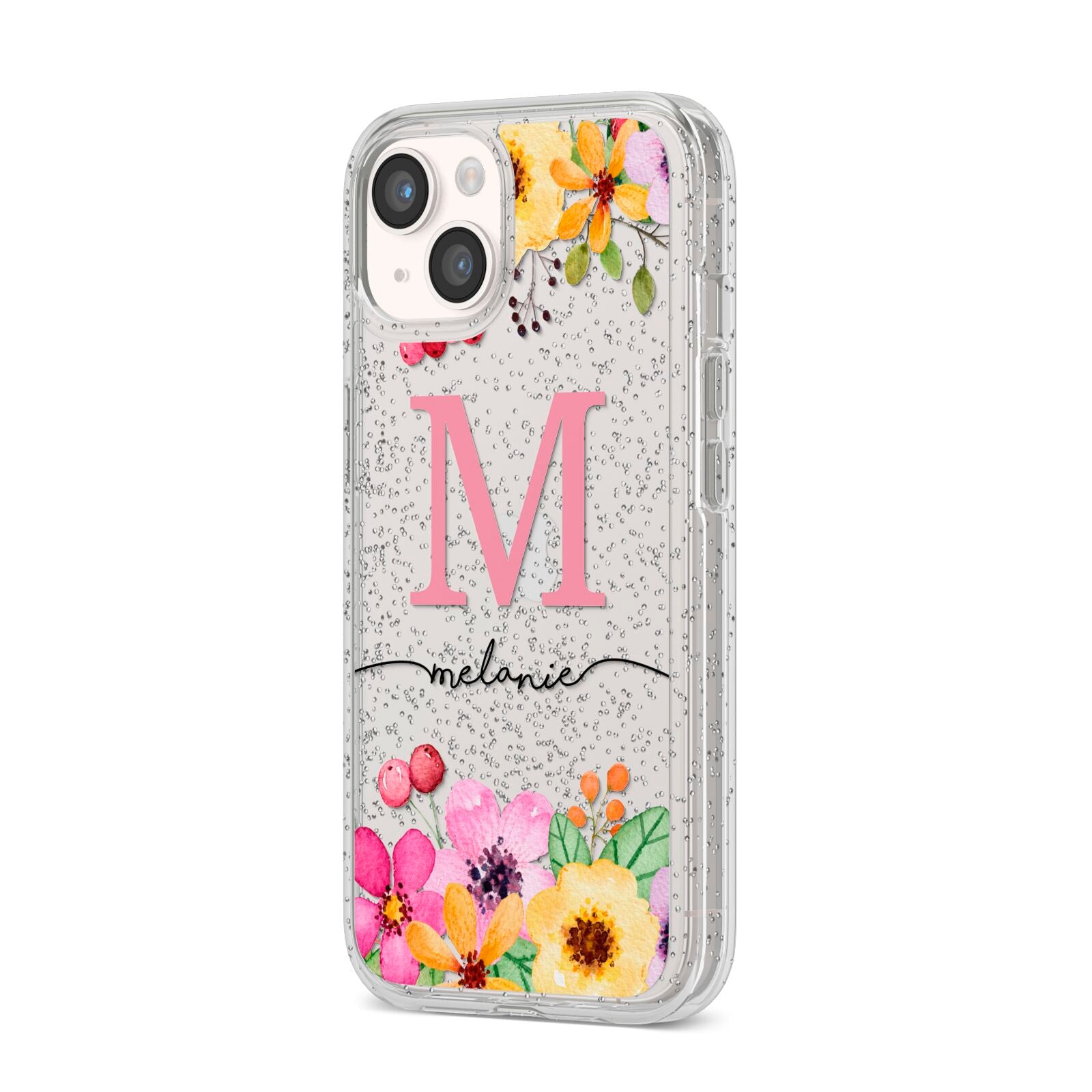 Personalised Summer Flowers iPhone 14 Glitter Tough Case Starlight Angled Image