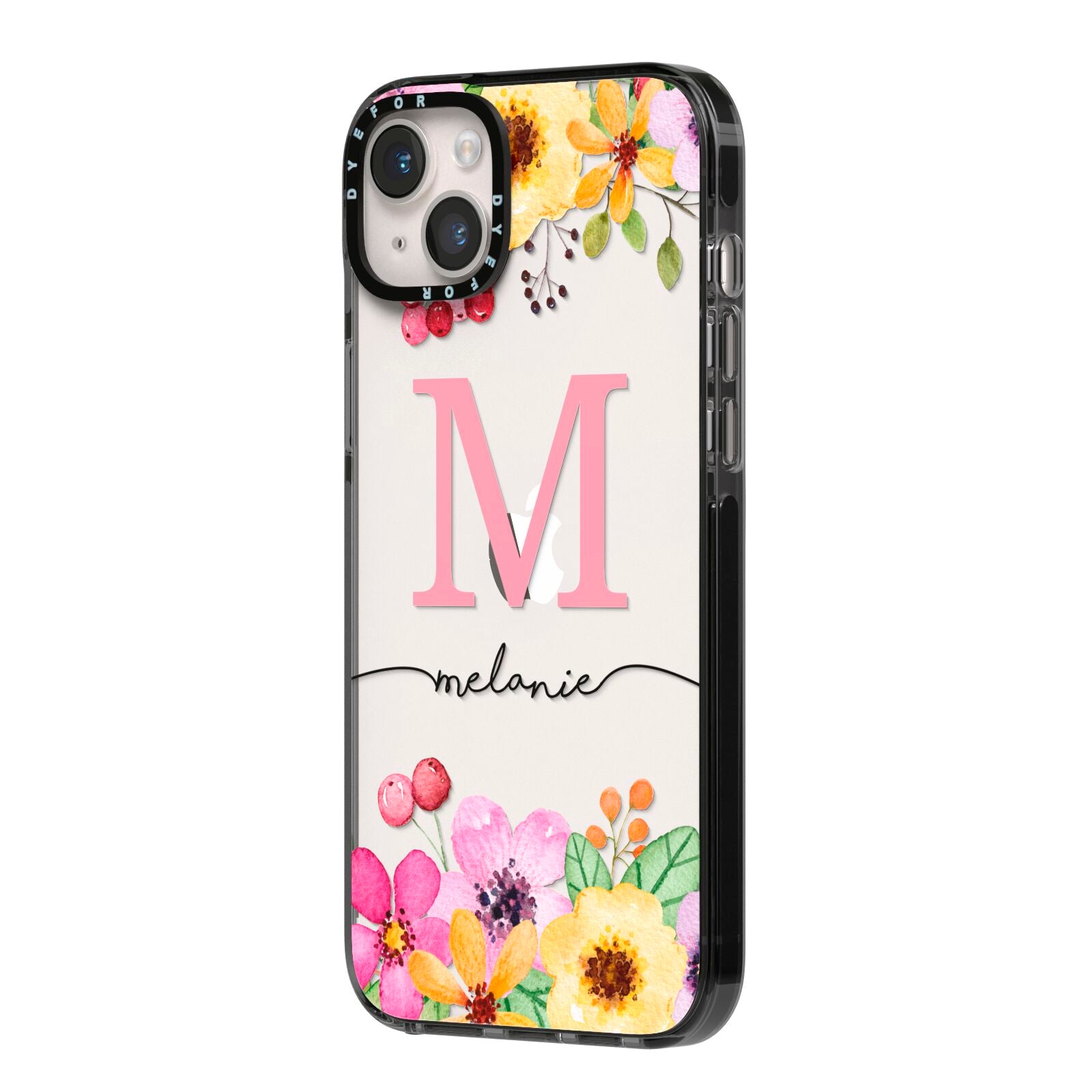 Personalised Summer Flowers iPhone 14 Plus Black Impact Case Side Angle on Silver phone